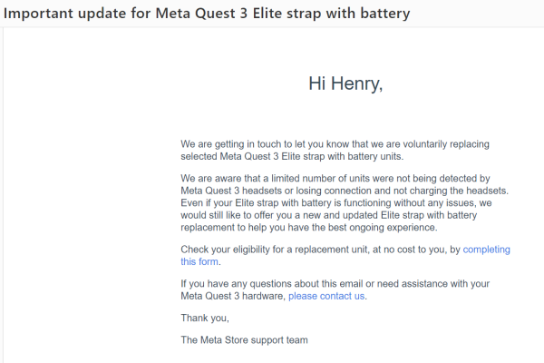 Meta обращается к покупателям элитного ремешка с батареей для Quest 3, чтобы предложить замену из-за проблемы с зарядкой.